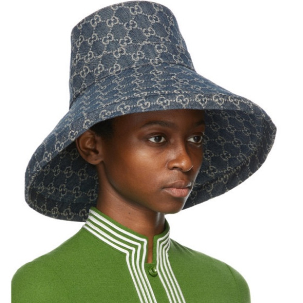 Gucci Denim GG Monogram Bucket Hat  Wide Large Brim Navy Blue Jacquard Beach - Picture 13 of 16